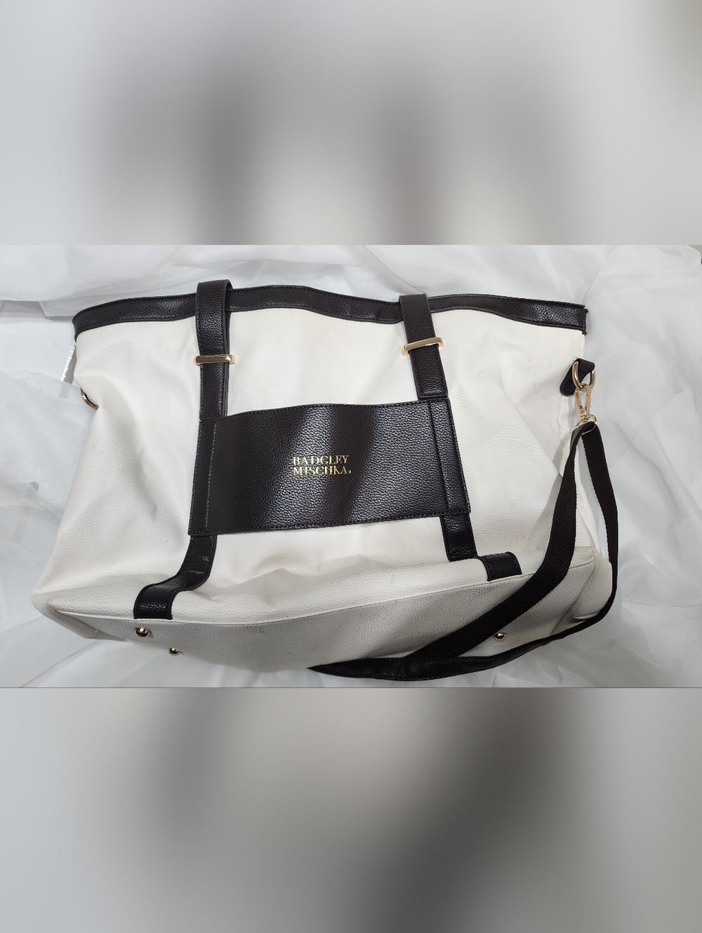 Badgley Mischka Cream and Black Shoulder Tote
